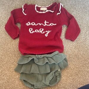 Festive Red Sweater with Green Ruffle Bloomers